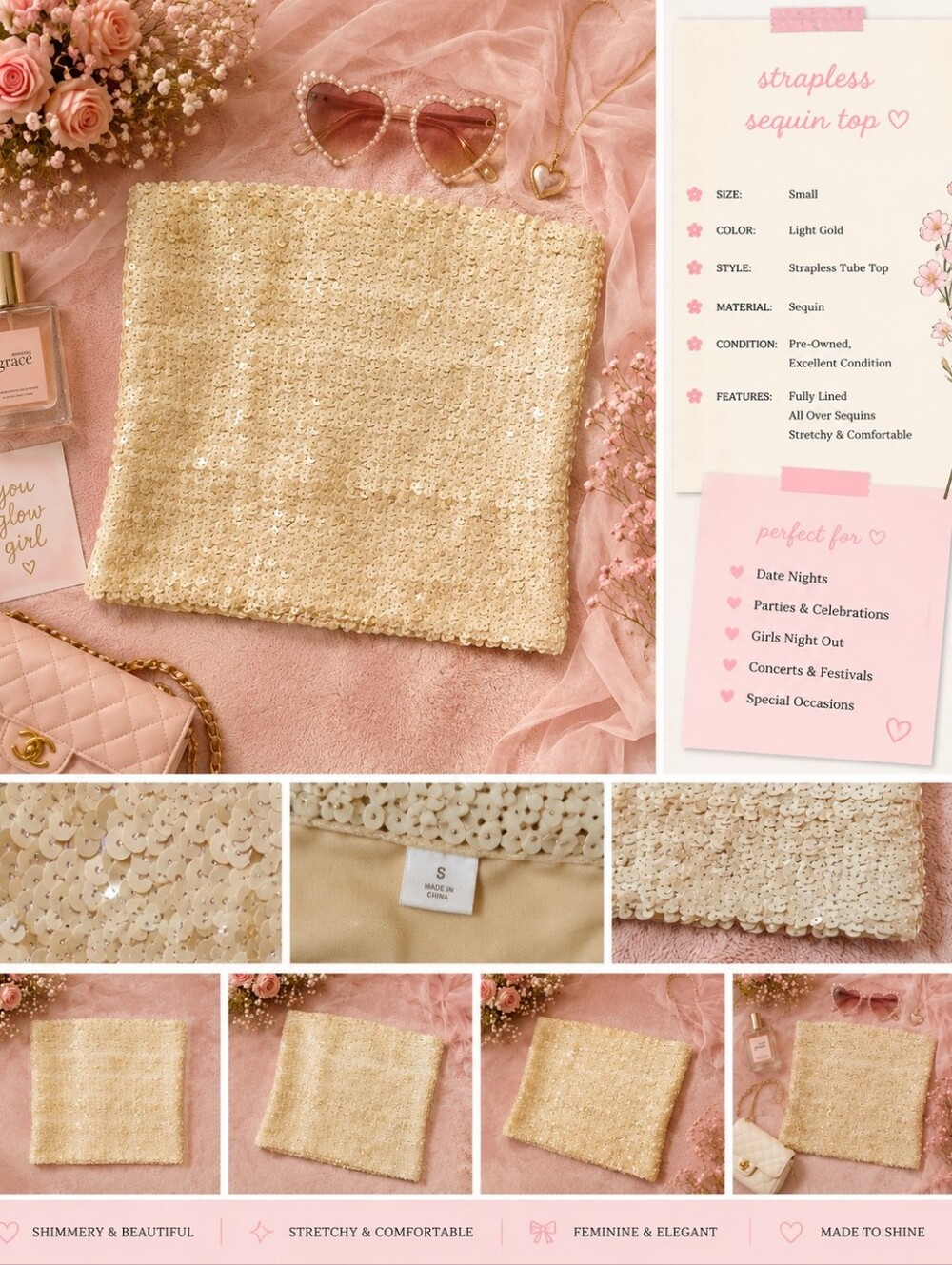Light Gold Sequin Strapless Tube Top - Unbranded